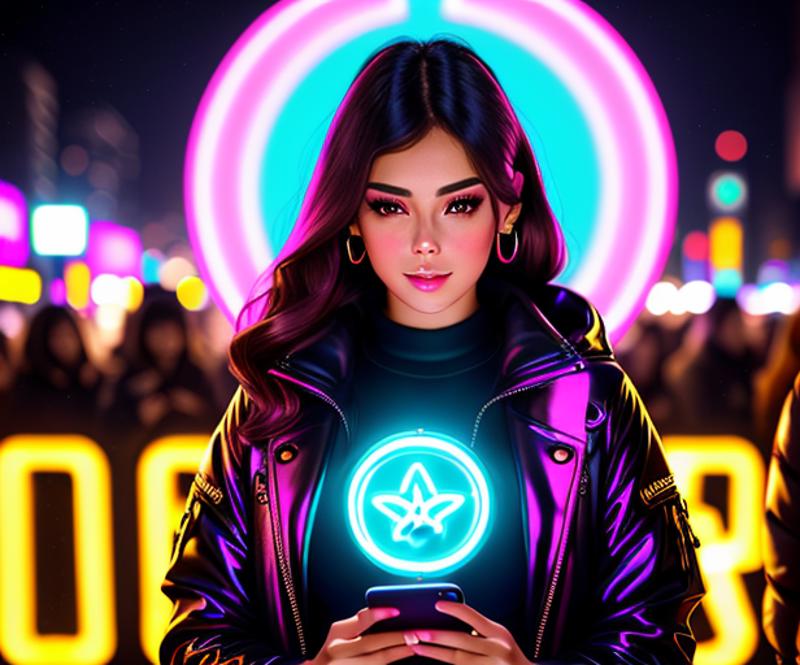 02961-246478564-Masterpiece, 4K, HQ, , Neon Babe, looking at the viewer, symmetric, centered, looking at her smartphone amidst a crowd.png